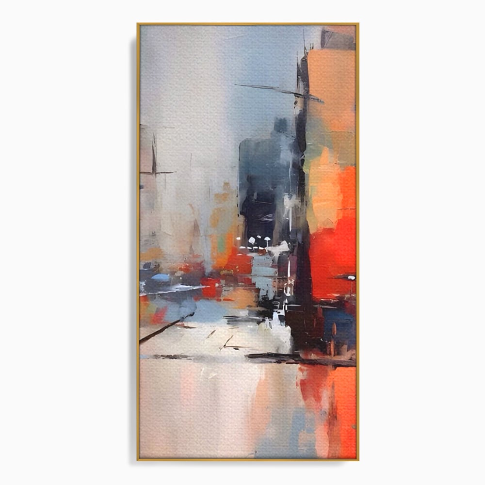 Tablou canvas cu pictura abstracta cu oras si cladiri, in rama de aluminiu auriu